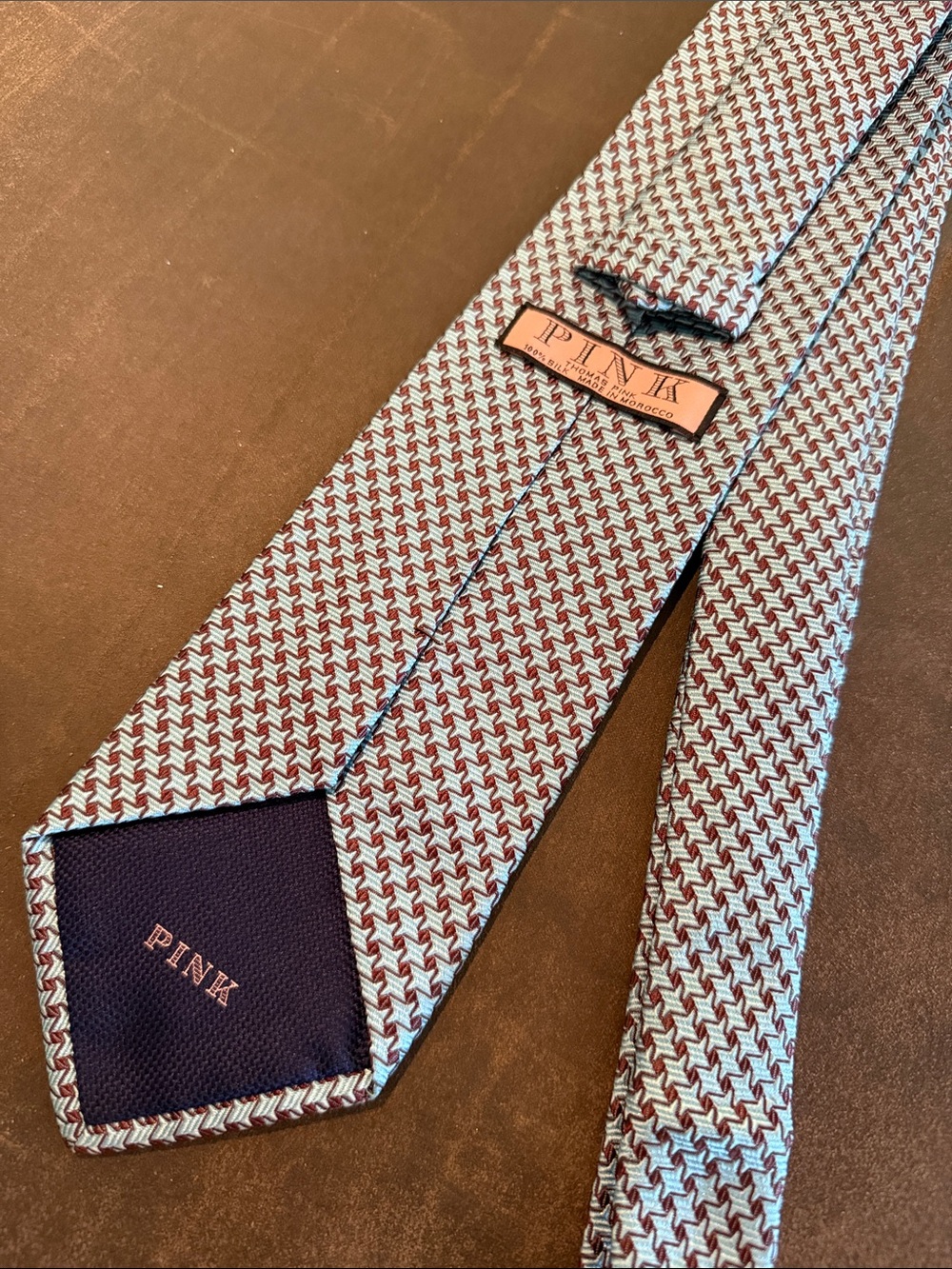 Thomas Pink 100% Silk Tie Brown Aqua Geometric Made in Morocco